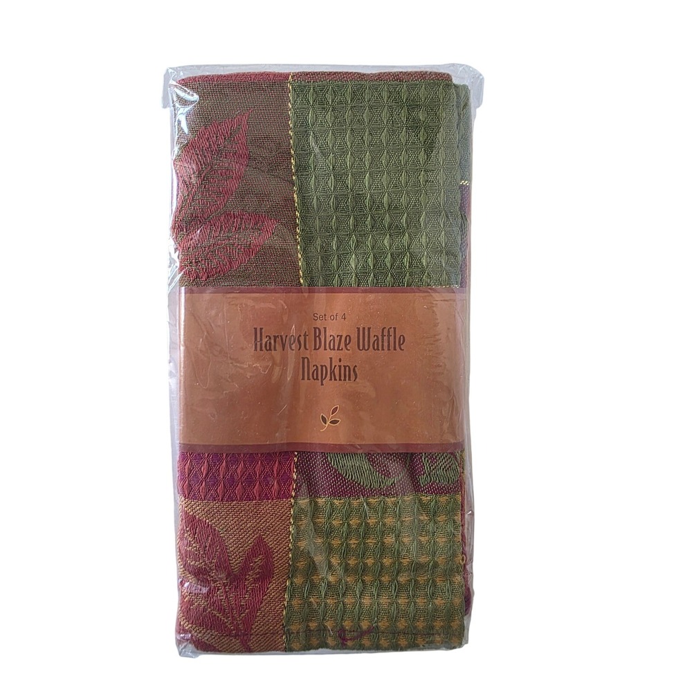 Linens n Things Harvest Blaze Waffle Napkins Set of 4 Fall Leaf Metallic Lurex